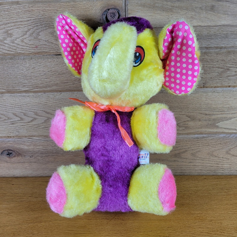 Vtg Plush Colorful Elephant Superior Toy And Novelty 13.5" Yellow Pink Purple